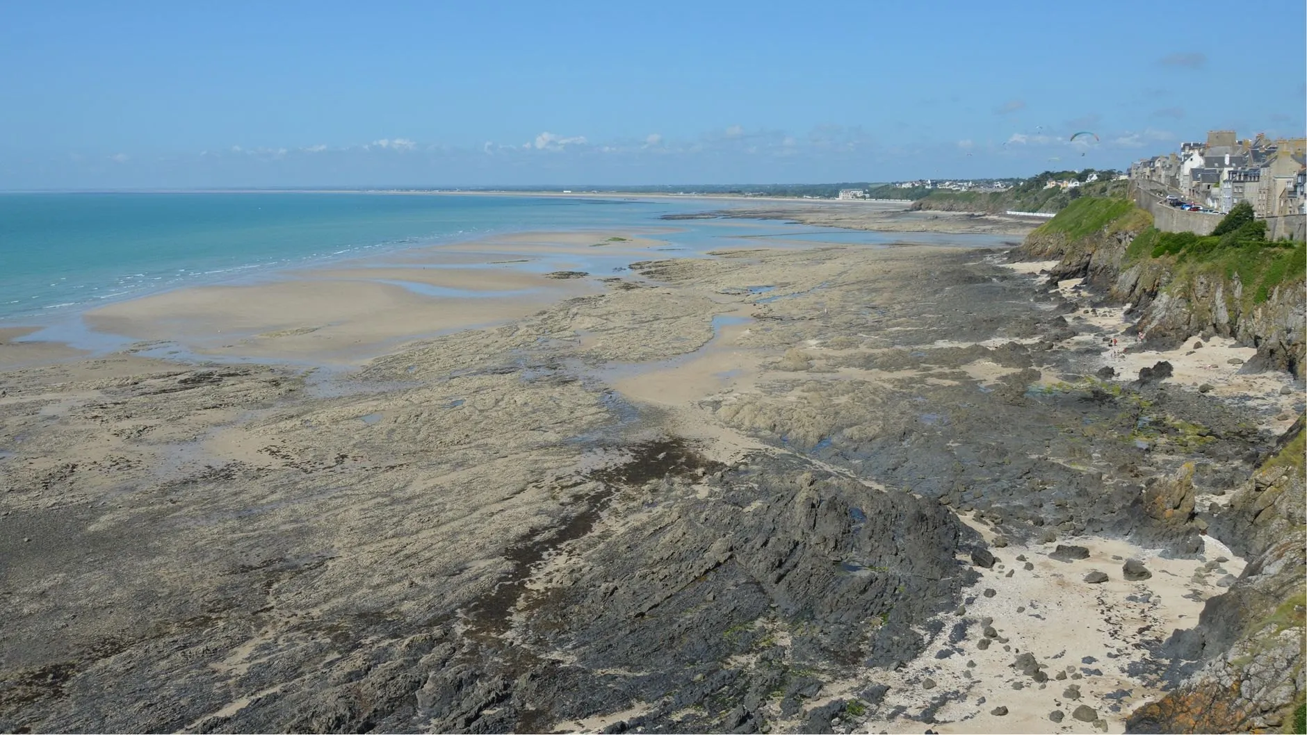 A long rocky shore uncovered at low tide below green cliffs and a small town on the headland