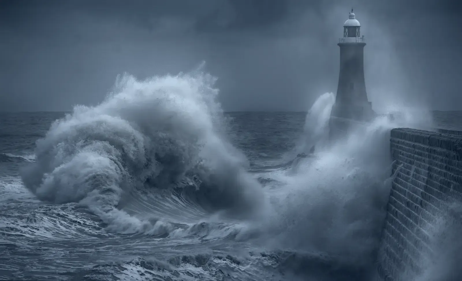 A heavy sea breaking over a pier head in a gale, the light almost lost in the spray.